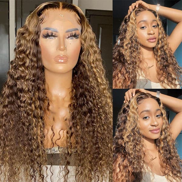 Deep Curly 4/27 Brown Colored Highlight Wig